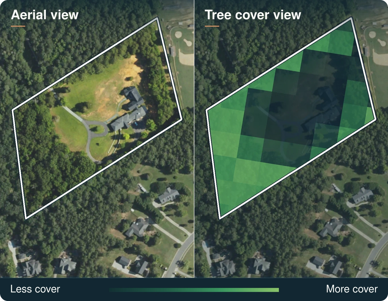 Aerial view beside a tree-cover view of the same wooded property, with the tree-cover grid highlighted.